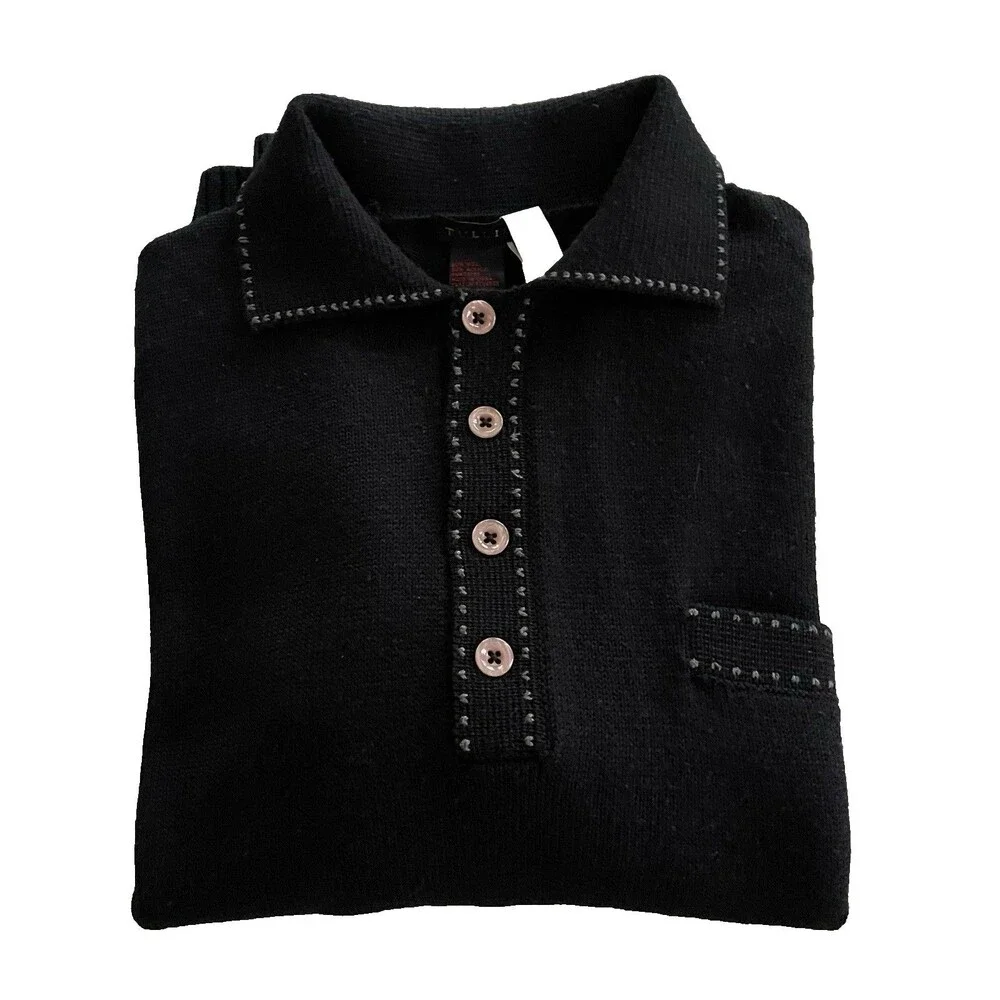 Tulliano Qtr Button Pullover Black Sweater Decorative Stitch Large 42